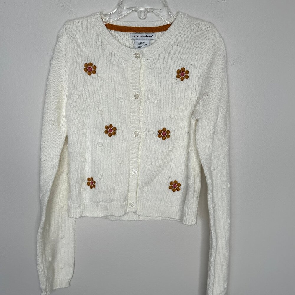Cupcakes and Cashmere Girls' White Button Cardigan Long Sleeves Flowers Med 7-8